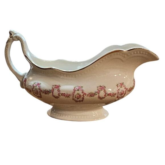 Antique Johnson Brothers Gravy Boat Gold Scallop Edge Pink Rose Swags JB313 - Picture 1 of 10